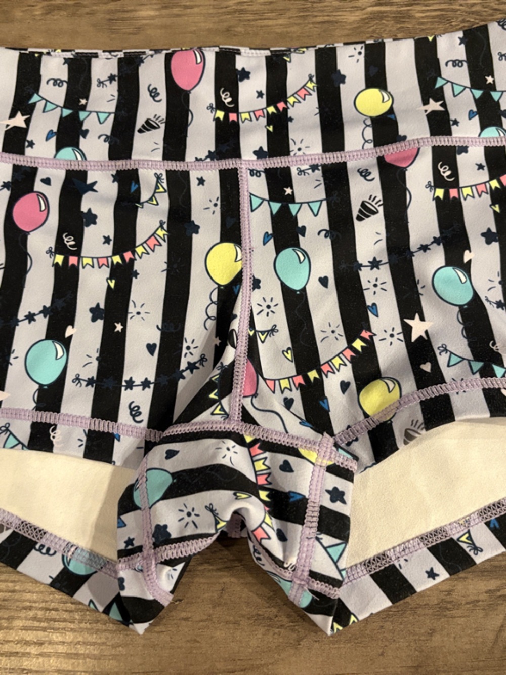 Women's Athletic Shorts - Black & White Stripe with Pastel Balloon Print